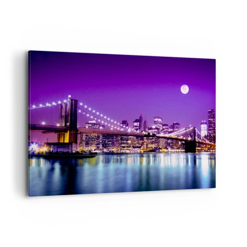 Impression sur toile - Image sur toile - Pont de Brooklyn la nuit avec la ville illuminée et la pleine lune - 120x80cm - Lumières de grande ville en violet - Décoration murale moderne pour le salon et la chambre ARTTOR