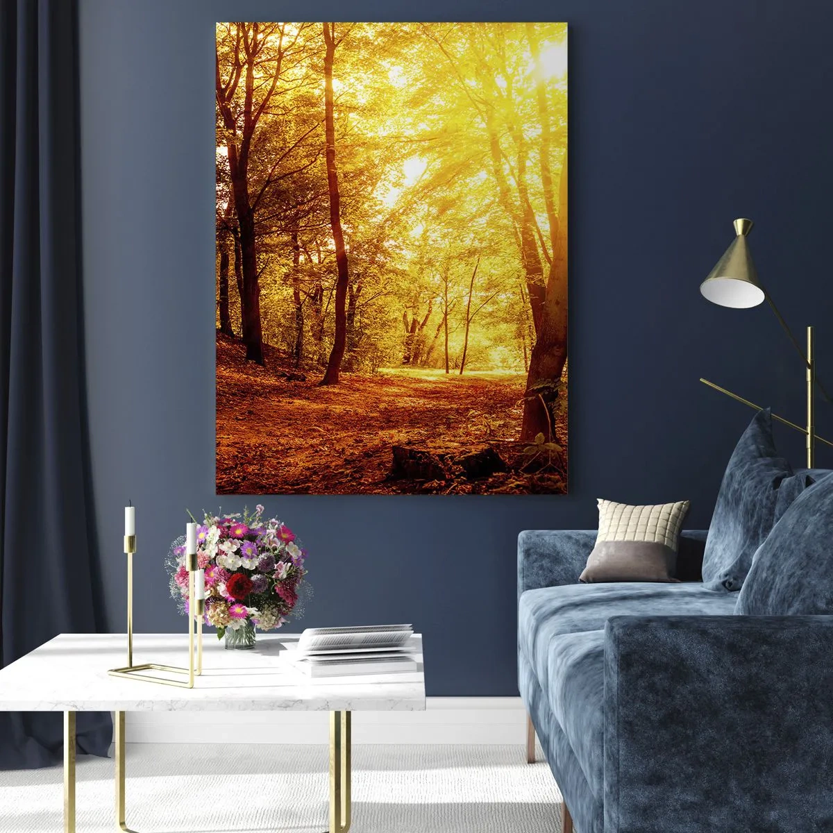 Impression sur verre - Image sur verre - Clairière d'automne sous le soleil doré avec un sentier forestier - 80x120cm - Vers la clairière dorée - Décoration murale moderne pour le salon et la chambre ARTTOR