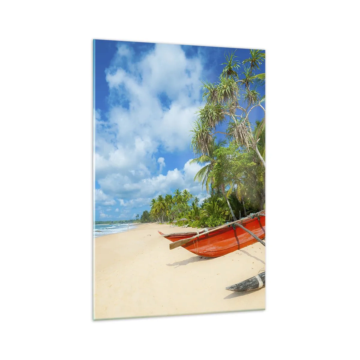 Impression sur verre - Image sur verre - Plage tropicale avec palmiers et bateaux colorés - 70x100cm - Le charme des tropiques - Décoration murale moderne pour le salon et la chambre ARTTOR