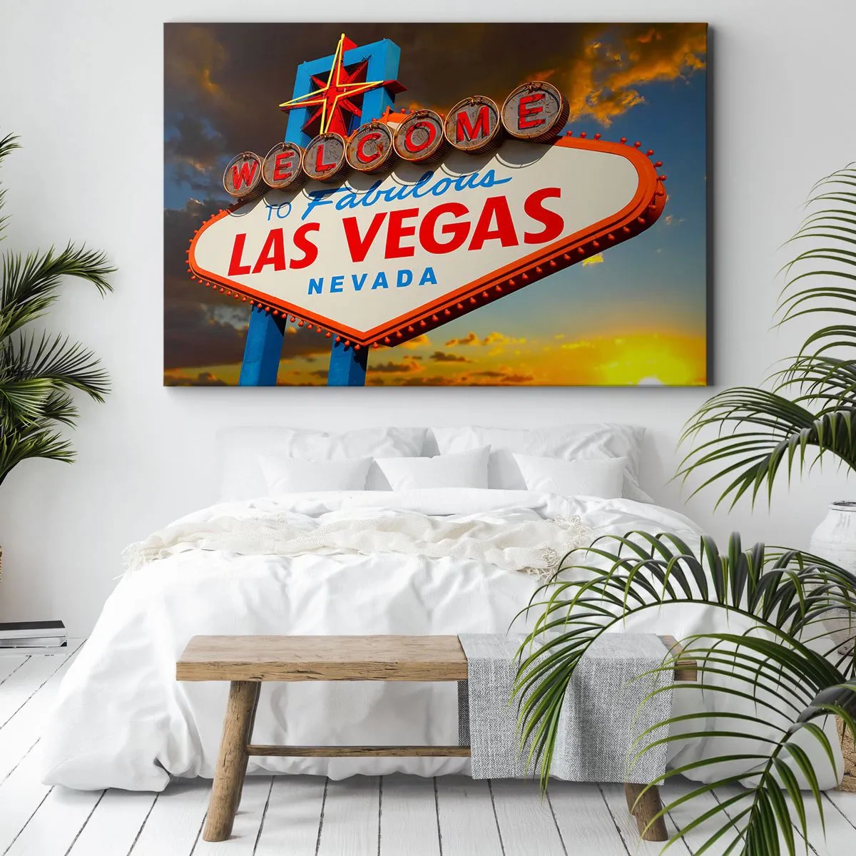 Impression sur toile - Image sur toile - Le célèbre panneau Welcome to Fabulous Las Vegas au coucher du soleil - 100x70cm - Après un sourire du destin - Décoration murale moderne pour le salon et la chambre ARTTOR