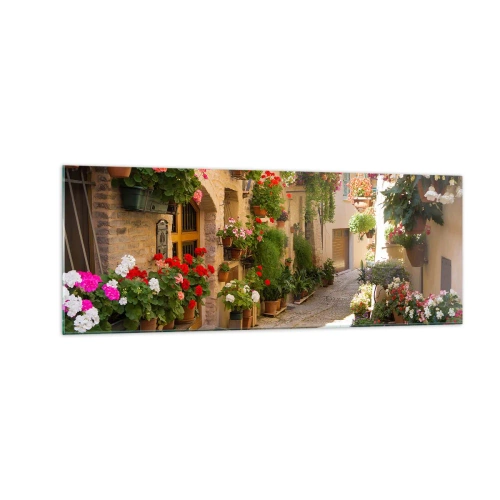 Impression sur verre - Image sur verre - Une rue avec des pots de fleurs et des murs de pierre - 140x50cm - Une inondation de fleurs  - Décoration murale moderne pour le salon et la chambre ARTTOR