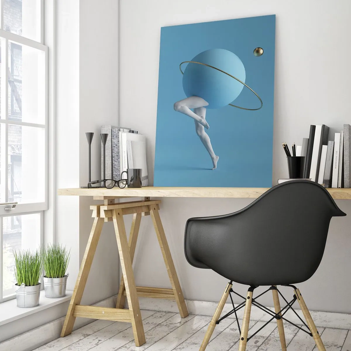 Impression sur verre - Image sur verre - Une sphère bleue avec une orbite et des jambes humaines contre le ciel - 80x120cm - Et les planètes deviennent folles - Décoration murale moderne pour le salon et la chambre ARTTOR