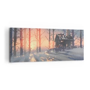 Impression sur toile - Image sur toile - Un chalet forestier dans un paysage hivernal avec les rayons du soleil couchant - 120x50cm - Seul le soleil regarde ici - Décoration murale moderne pour le salon et la chambre ARTTOR