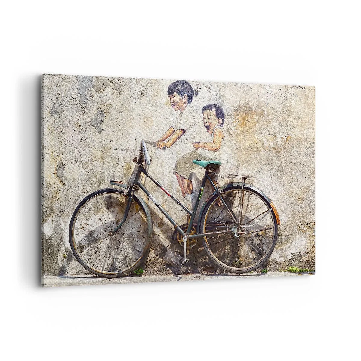 Impression sur toile - Image sur toile - Street art avec un vélo et des dessins d'enfants sur le mur - 120x80cm - Vrai ou faux? - Décoration murale moderne pour le salon et la chambre ARTTOR