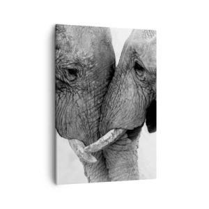 Impression sur toile - Image sur toile - Deux éléphants dans un geste tendre sur un fond monochrome - 50x70cm - Confession sincère - Décoration murale moderne pour le salon et la chambre ARTTOR