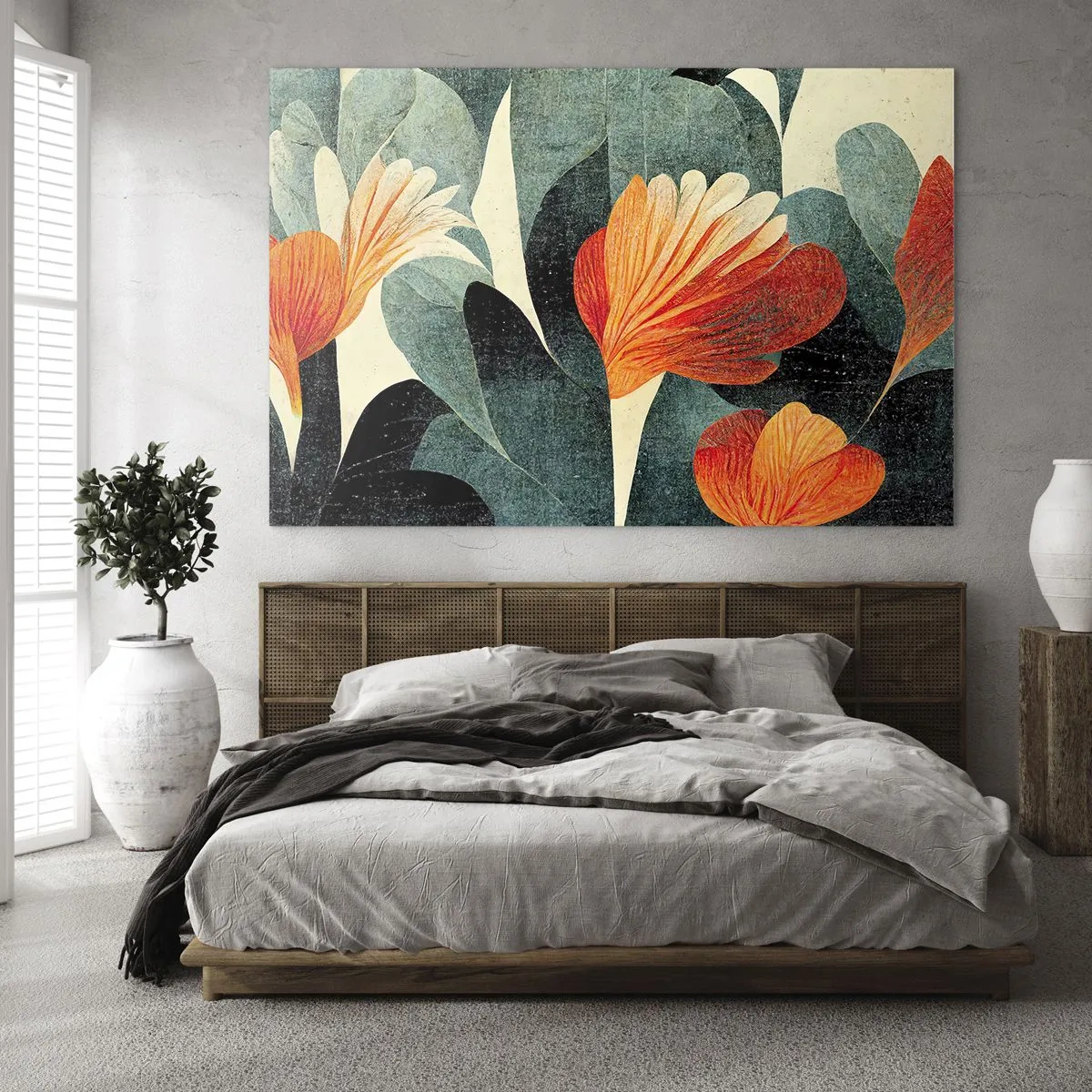 Impression sur verre - Image sur verre - Fleurs orange sur fond de feuilles vert foncé - 120x80cm - La chaleur des tropiques et la fraîcheur de la verdure - Décoration murale moderne pour le salon et la chambre ARTTOR