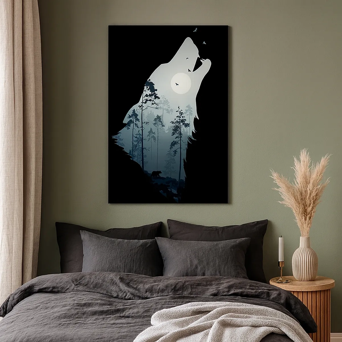 Impression sur toile - Image sur toile - Silhouette d'un loup avec une forêt et la lune en arrière-plan - 50x70cm - La voix de nuit de la forêt - Décoration murale moderne pour le salon et la chambre ARTTOR
