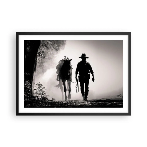 Affiche dans un cadre noir - Poster - Cowboy avec cheval dans le brouillard matinal - 70x50cm - Matinée texane - Décoration murale moderne pour le salon et la chambre ARTTOR