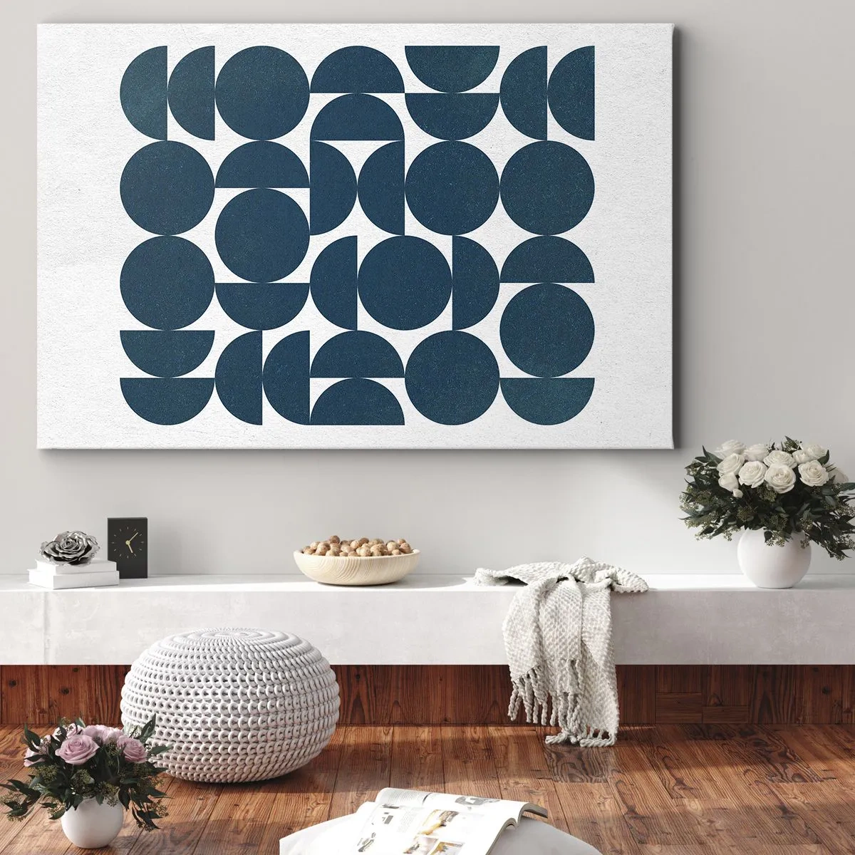 Impression sur toile - Image sur toile - Formes géométriques dans des tons bleu marine sur fond blanc - 70x50cm - Cercles et demi-cercles - Décoration murale moderne pour le salon et la chambre ARTTOR