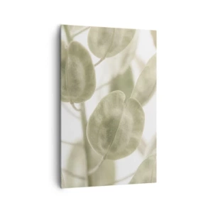 Impression sur toile - Image sur toile - Une peinture délicate de feuilles dans des tons pastel de vert sur un fond clair. - 80x120cm - Au commencement il y avait des feuilles... - Décoration murale moderne pour le salon et la chambre ARTTOR