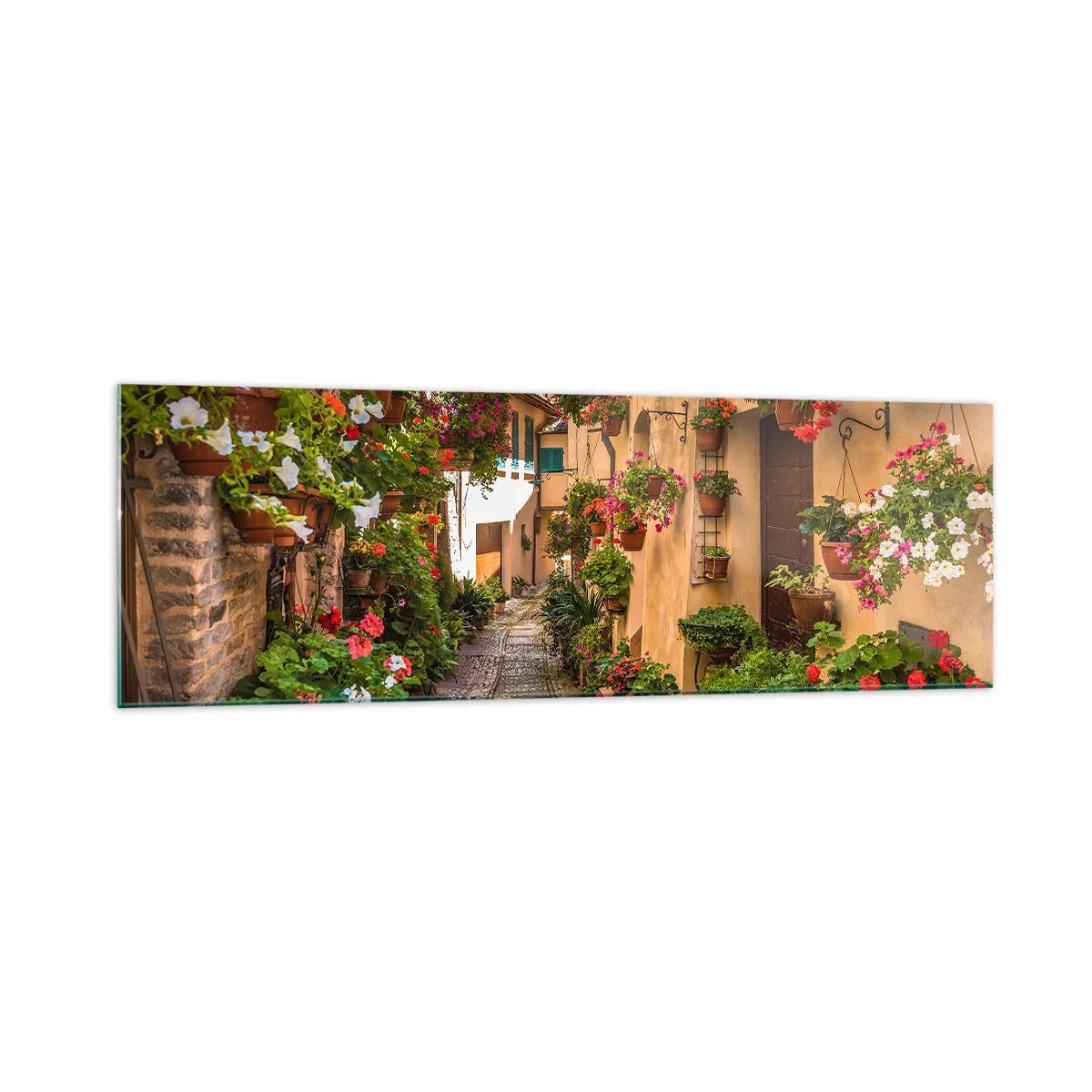 Impression sur verre - Image sur verre - Une charmante rue pleine de fleurs et de pots de fleurs - 160x50cm - Ruelle italienne - Décoration murale moderne pour le salon et la chambre ARTTOR