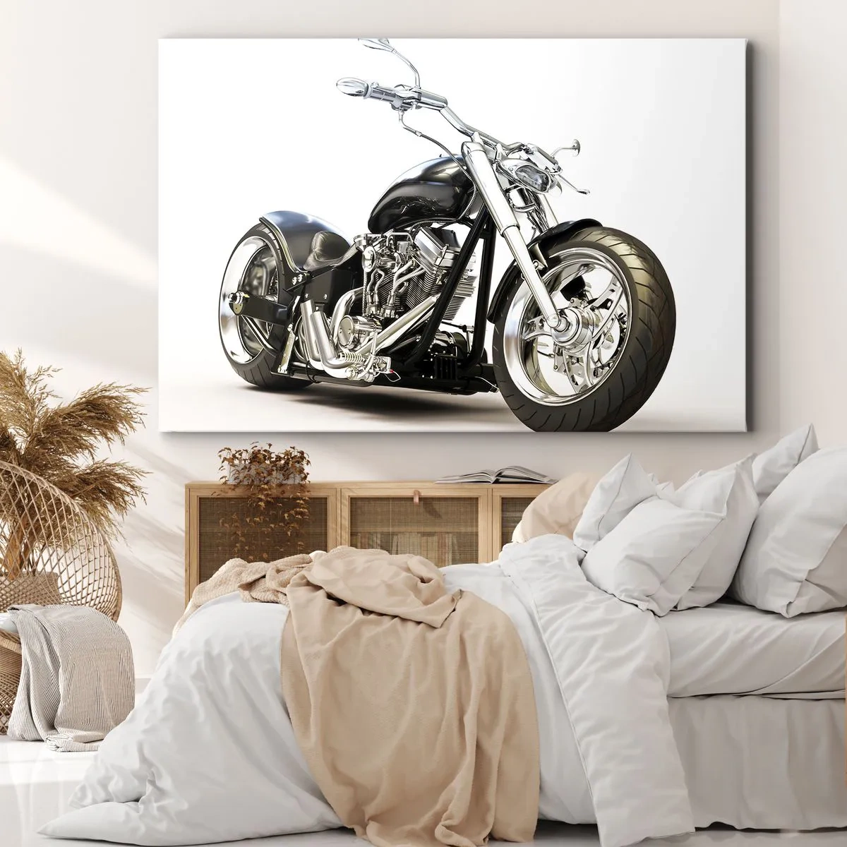 Impression sur toile - Image sur toile - Moto noire élégante sur fond blanc - 120x80cm - Force de caractère - Décoration murale moderne pour le salon et la chambre ARTTOR