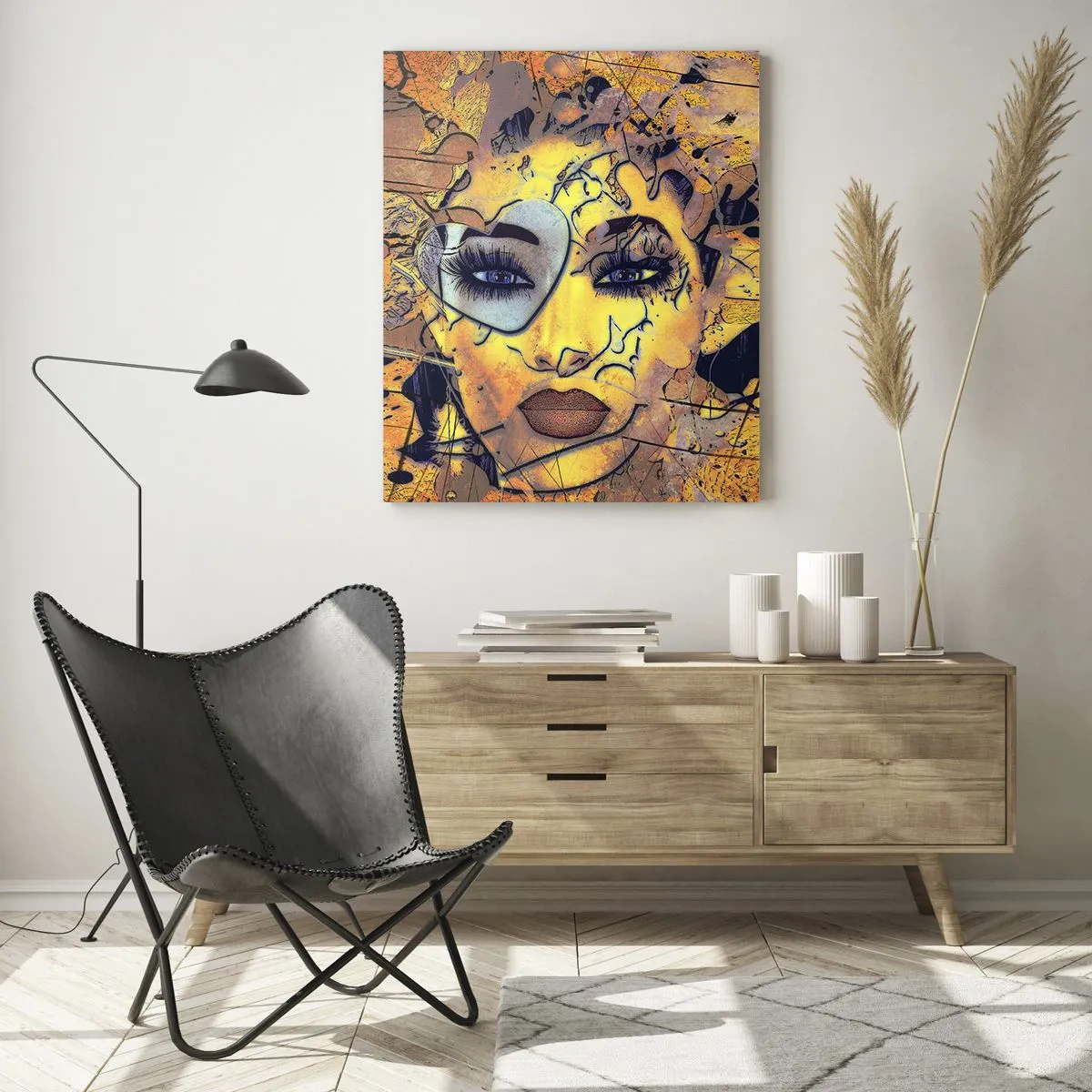 Impression sur verre - Image sur verre - Portrait abstrait d'une femme dans des tons jaune doré - 70x100cm - Beauté ensoleillée - Décoration murale moderne pour le salon et la chambre ARTTOR