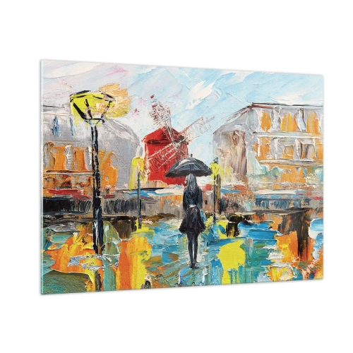 Impression sur verre - Image sur verre - Une femme avec un parapluie sur fond de ville dans le style de l'impressionnisme - 100x70cm - Légende parisienne - Décoration murale moderne pour le salon et la chambre ARTTOR