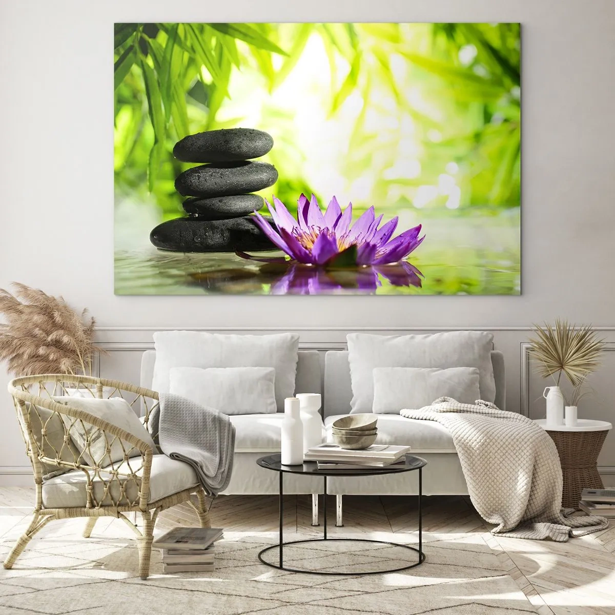 Impression sur verre - Image sur verre - Fleur de lotus violette avec des pierres zen sur fond vert - 120x80cm - Dans un buisson de bambou - Décoration murale moderne pour le salon et la chambre ARTTOR