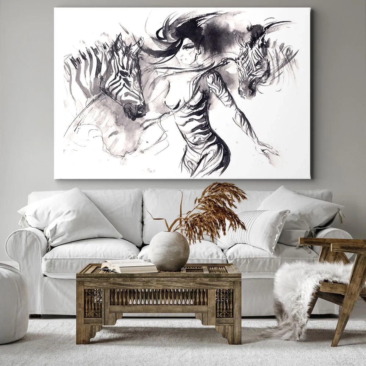 Impression sur toile - Image sur toile - Une femme dans une danse dynamique avec des zèbres dans une esthétique noir et blanc - 70x50cm - Danse avec les zèbres - Décoration murale moderne pour le salon et la chambre ARTTOR