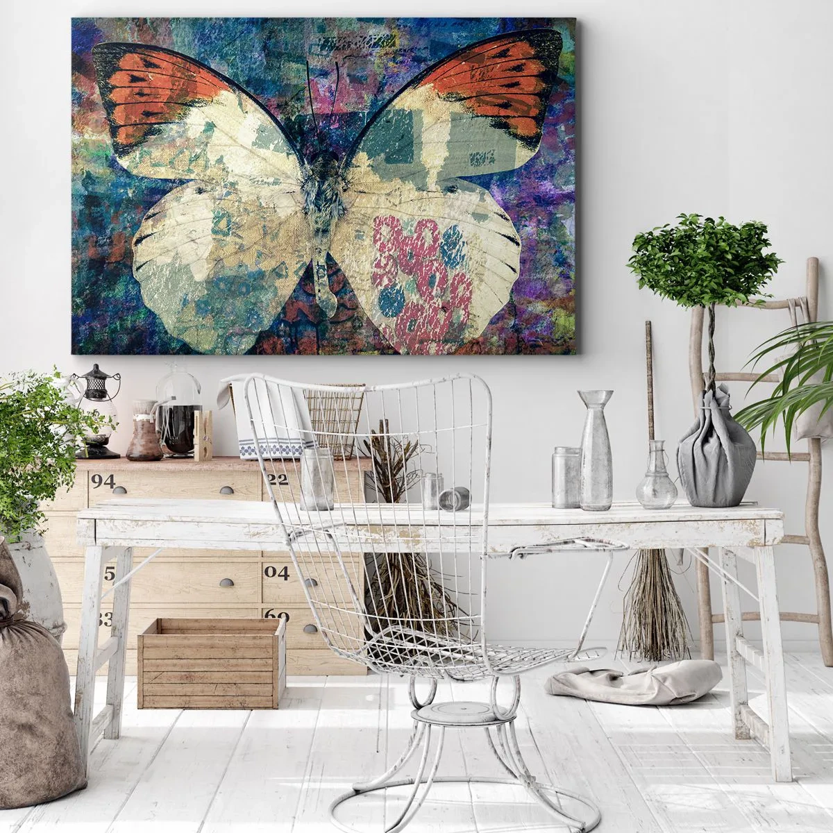 Impression sur toile - Image sur toile - Papillon sur un fond artistique abstrait avec des détails colorés - 120x80cm - Fragilité subtile - Décoration murale moderne pour le salon et la chambre ARTTOR