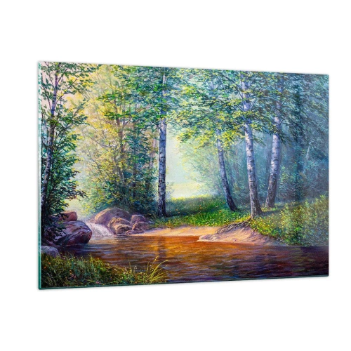 Impression sur verre - Image sur verre - Un ruisseau forestier entouré d'arbres sous les rayons du soleil - 120x80cm - Paysage idyllique - Décoration murale moderne pour le salon et la chambre ARTTOR