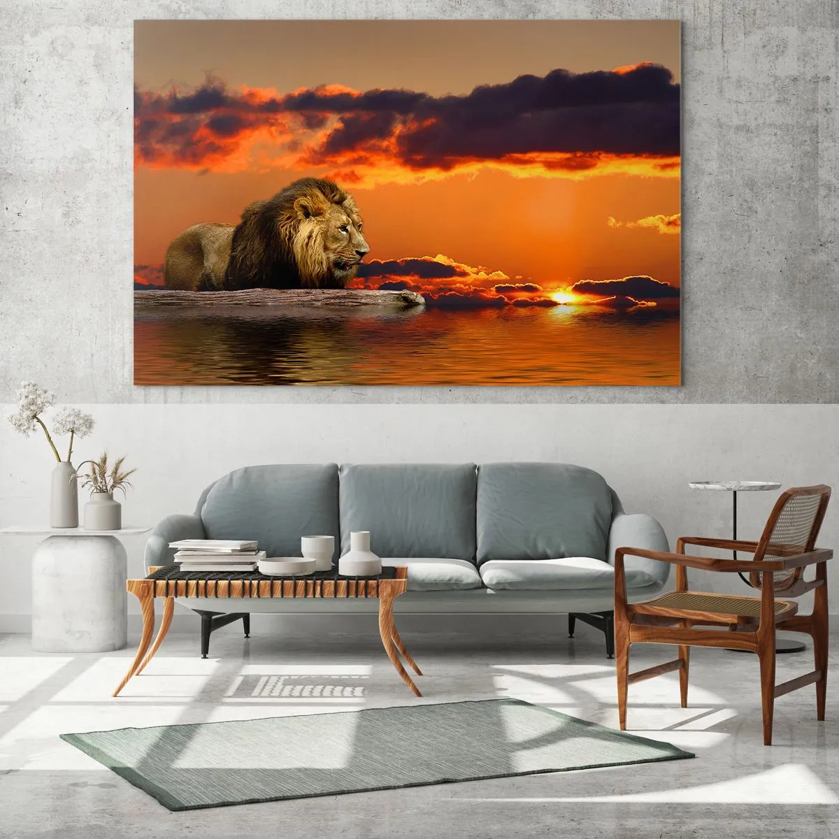 Impression sur verre - Image sur verre - Un lion sur fond de soleil couchant - 100x70cm - Le roi de la nature - Décoration murale moderne pour le salon et la chambre ARTTOR