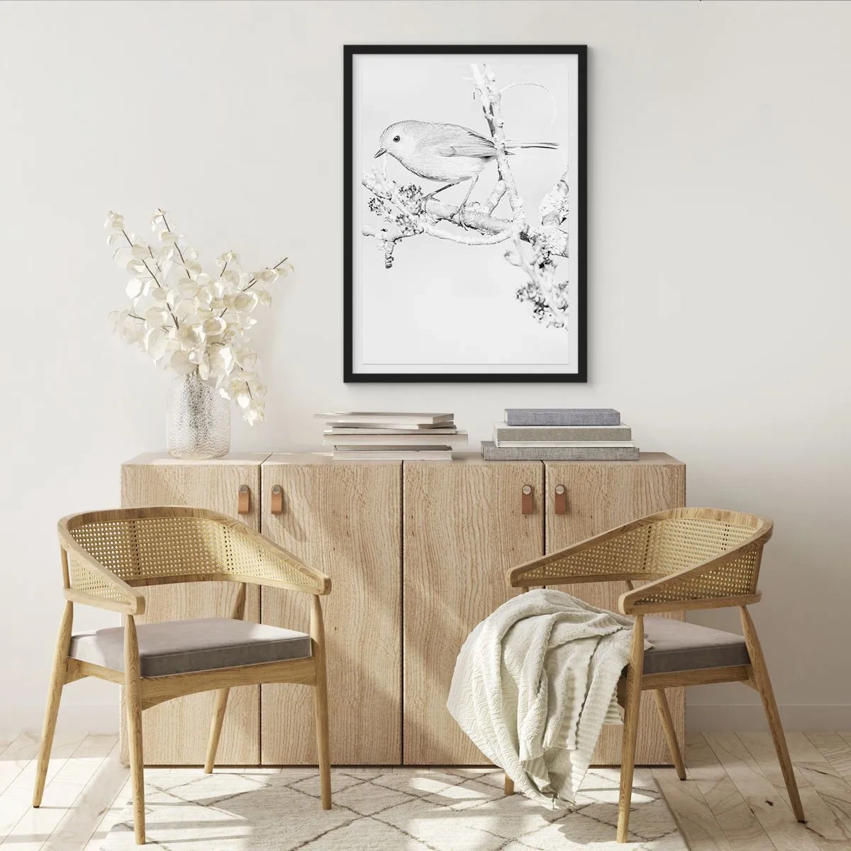 Affiche dans un cadre noir - Poster - Dessin en noir et blanc d'un oiseau sur une branche - 50x70cm - Matin d'hiver - Décoration murale moderne pour le salon et la chambre ARTTOR