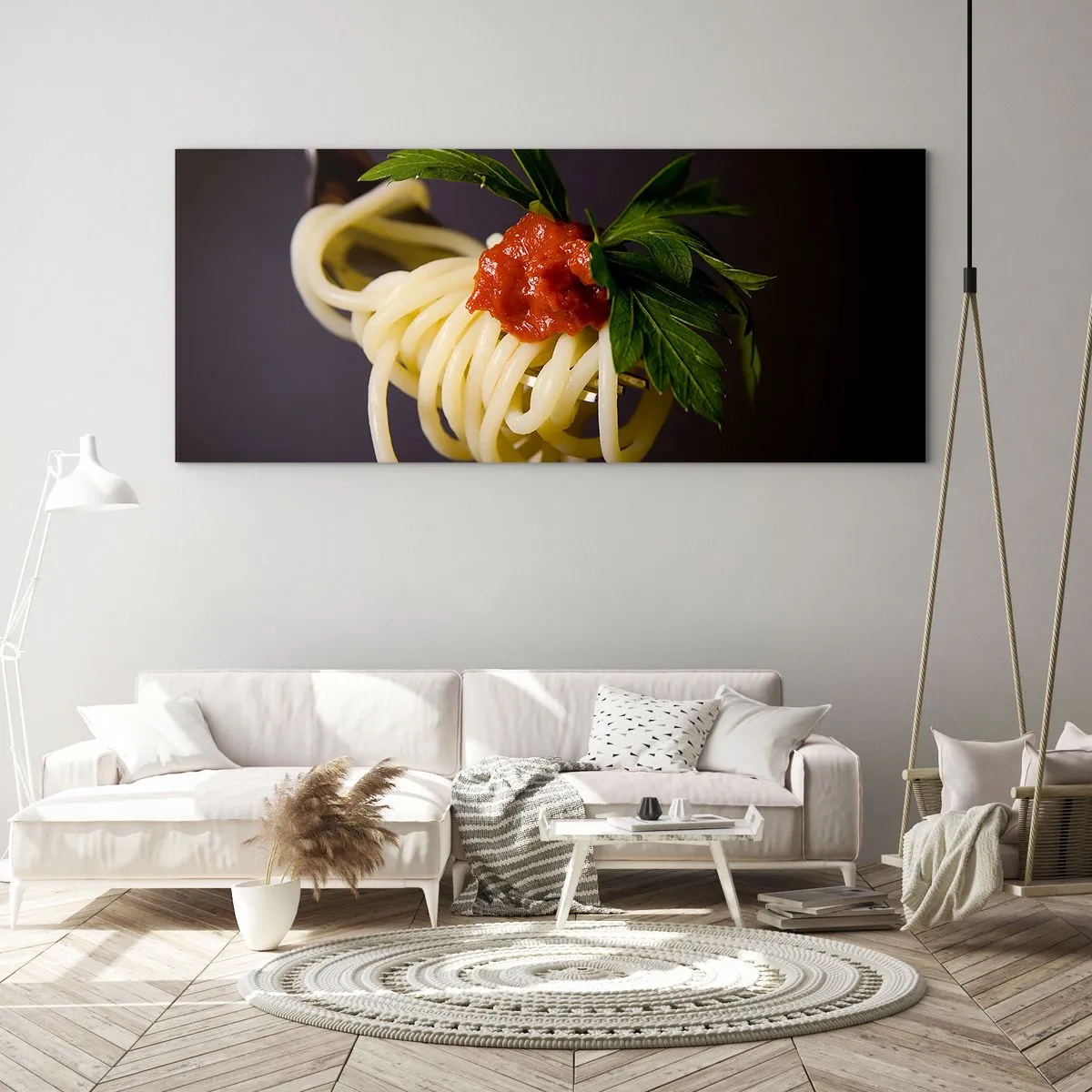 Impression sur verre - Image sur verre - Spaghettis à la fourchette avec sauce tomate et persil - 160x50cm - Une bouchée savoureuse - Décoration murale moderne pour le salon et la chambre ARTTOR