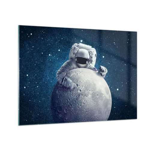 Impression sur verre - Image sur verre - Un astronaute étreignant la lune dans un ciel étoilé - 70x50cm - Comique de l'espace - Décoration murale moderne pour le salon et la chambre ARTTOR