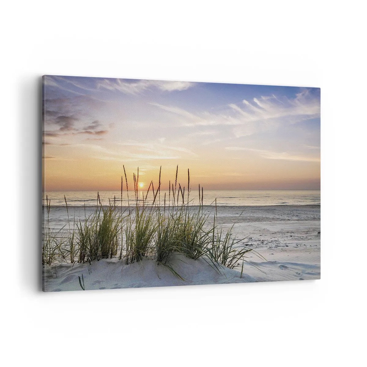 Impression sur toile - Image sur toile - Une plage de sable au coucher du soleil avec de l'herbe en arrière-plan - 100x70cm - Regarde, pense, ressent - Décoration murale moderne pour le salon et la chambre ARTTOR