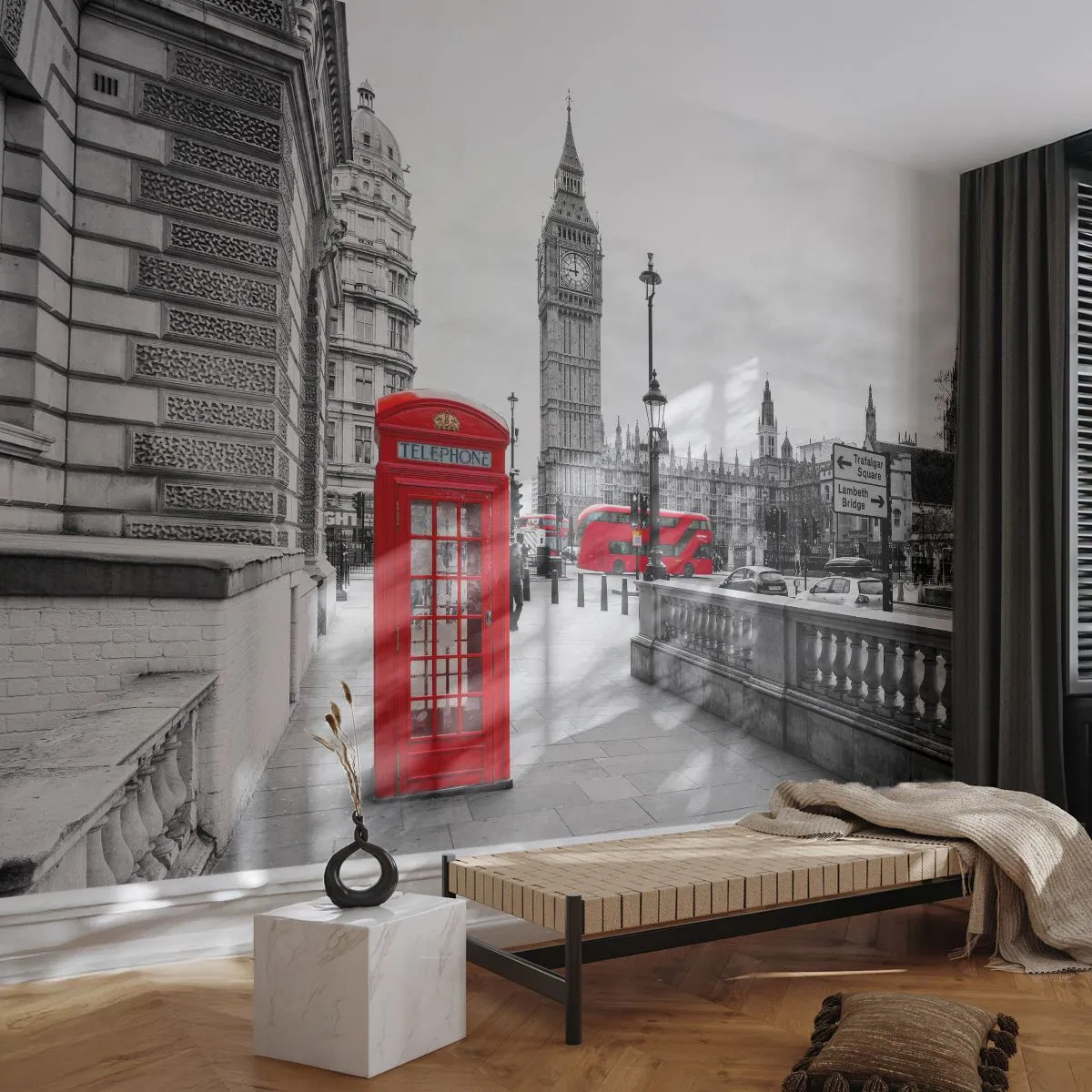 Papier Peint Photo Premium Sand - Cabines téléphoniques rouges et Big Ben à Londres - 100x70cm - Sans aucun doute Londres - Décoration murale moderne pour le salon et la chambre ARTTOR