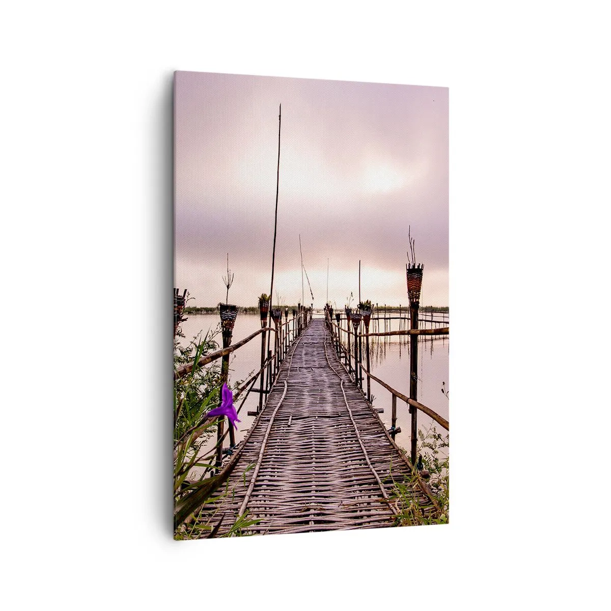 Impression sur toile - Image sur toile - Pont de bambou sur l'eau à l'aube - 80x120cm - Le silence et le calme d'Asie - Décoration murale moderne pour le salon et la chambre ARTTOR