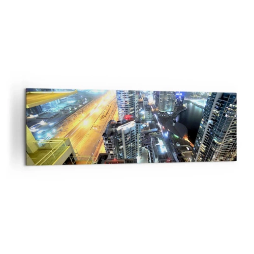 Impression sur toile - Image sur toile - Panorama de la ville nocturne avec des gratte-ciel illuminés - 160x50cm - Un miracle dans le désert - Décoration murale moderne pour le salon et la chambre ARTTOR