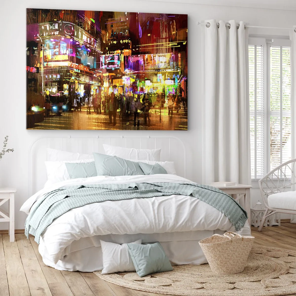 Impression sur toile - Image sur toile - Une ville animée la nuit sous la lumière des néons - 100x70cm - Dans une mer de lumière - Décoration murale moderne pour le salon et la chambre ARTTOR