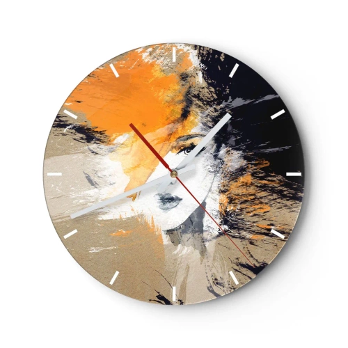 Horloge murale - Pendule murale - Portrait abstrait d'une femme dans des tons chauds d'orange et de beige. - 30x30cm - Et la lumière fut - Décoration murale moderne pour le salon, la cuisine et la chambre ARTTOR