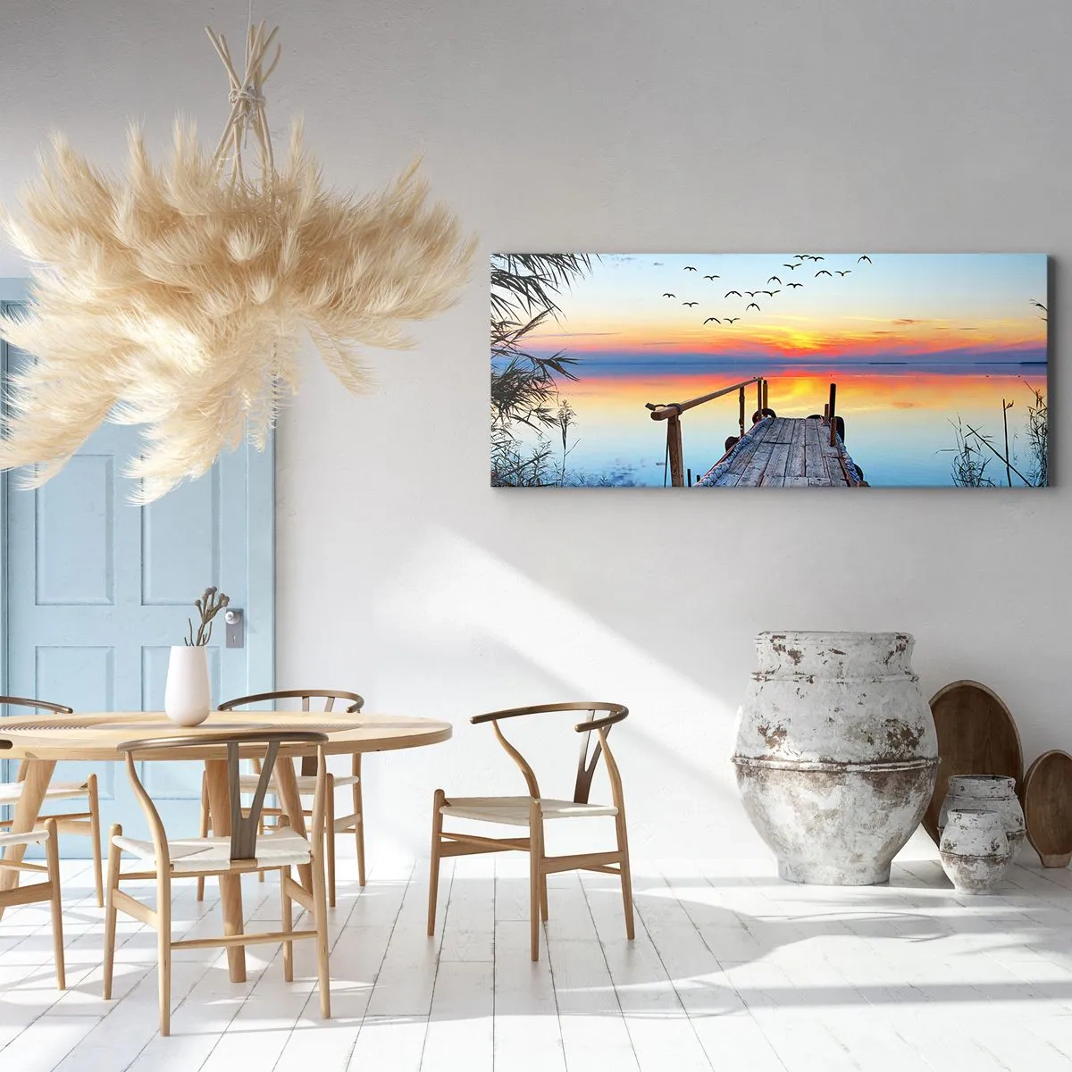 Impression sur toile - Image sur toile - Jetée en bois sur le lac au coucher du soleil - 140x50cm - Il est temps de rentrer... - Décoration murale moderne pour le salon et la chambre ARTTOR