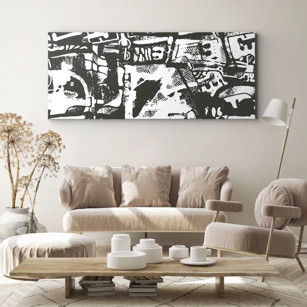 Impression sur toile - Image sur toile - Motif rétro monochrome abstrait - 140x50cm - Ordre ou chaos? - Décoration murale moderne pour le salon et la chambre ARTTOR