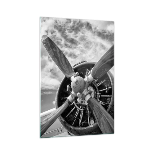 Impression sur verre - Image sur verre - Une photo en noir et blanc d'une hélice d'avion contre un ciel dynamique. - 70x100cm - Dompteur de ciel - Décoration murale moderne pour le salon et la chambre ARTTOR
