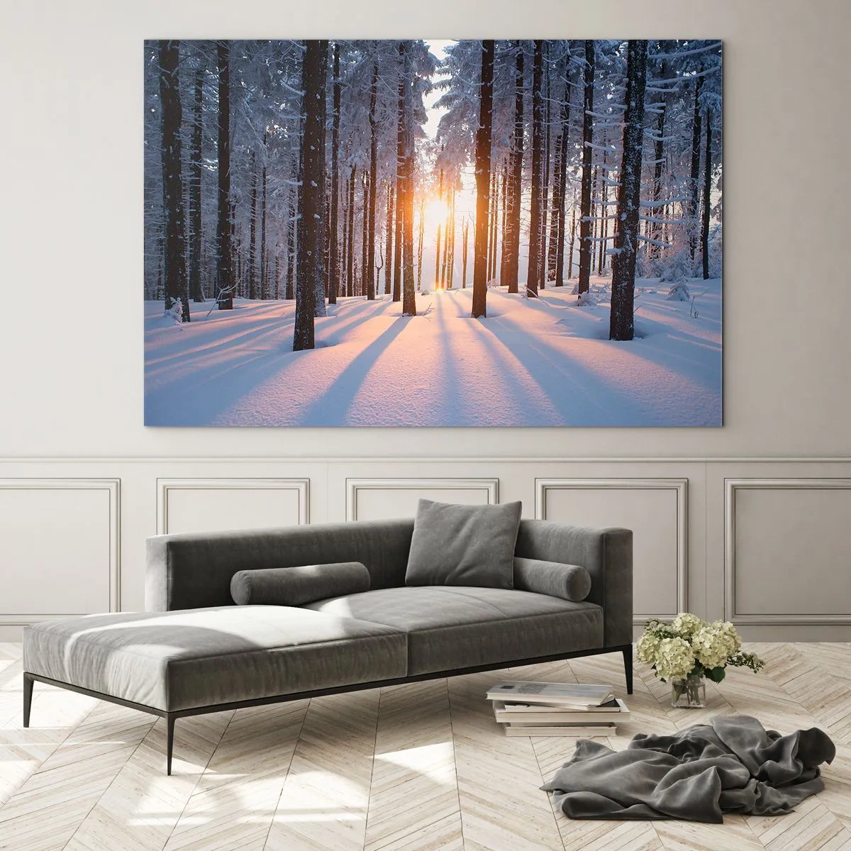 Impression sur verre - Image sur verre - Forêt d'hiver avec les rayons du soleil qui brillent à travers les arbres - 100x70cm - Clairement en noir et blanc - Décoration murale moderne pour le salon et la chambre ARTTOR