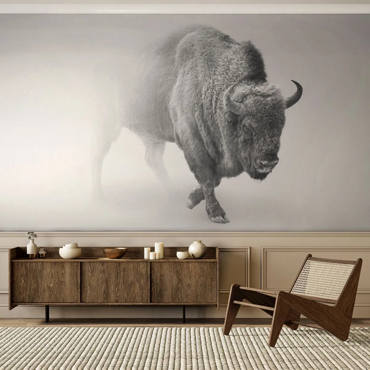 Papier Peint Photo Premium Sand - Une image en noir et blanc d'un bison entouré de brouillard. - 100x70cm - Roi de la prairie - Décoration murale moderne pour le salon et la chambre ARTTOR