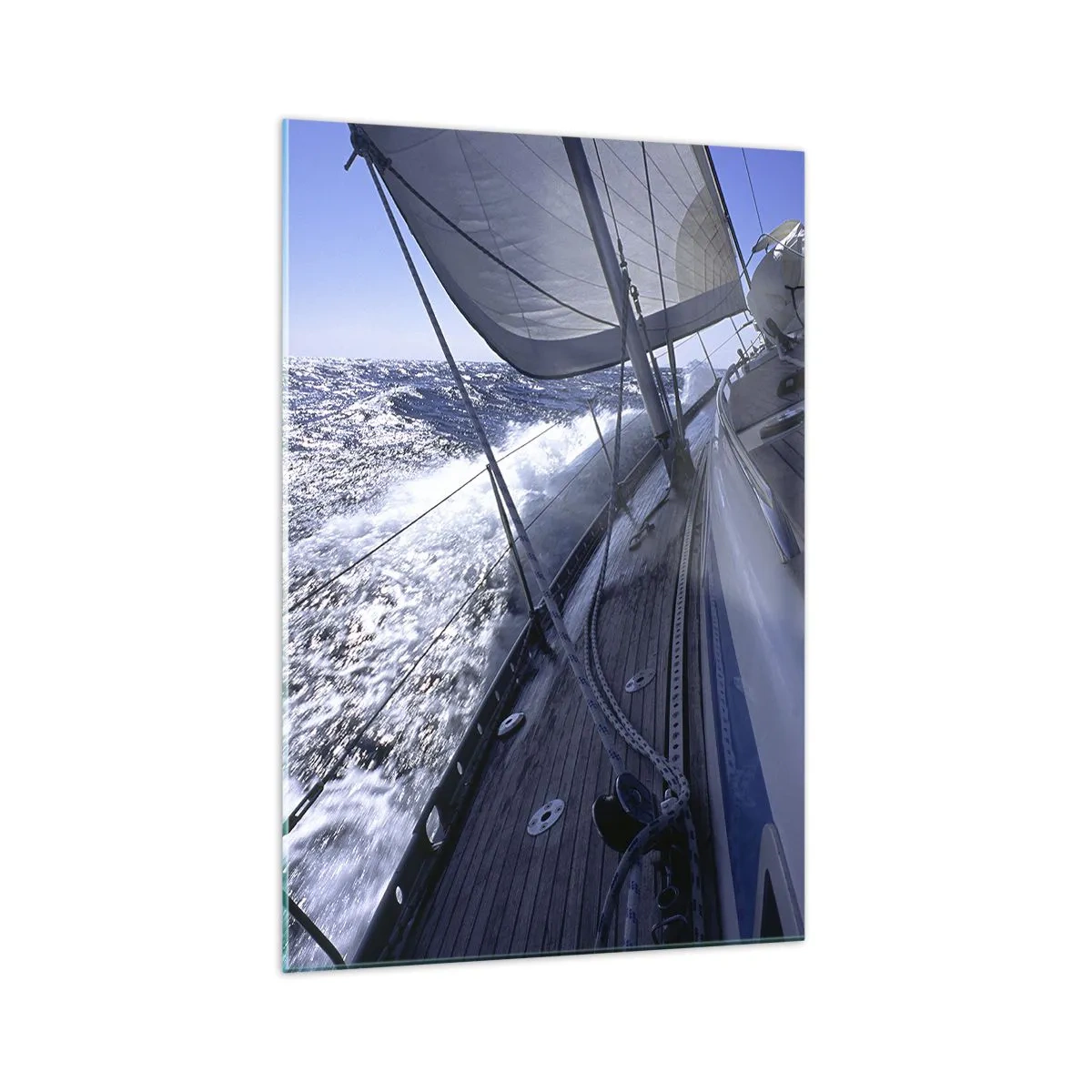 Impression sur verre - Image sur verre - Un voilier dans une mer agitée avec des voiles blanches et un pont en bois. - 70x100cm - Je sais ce que c'est d'être un oiseau - Décoration murale moderne pour le salon et la chambre ARTTOR