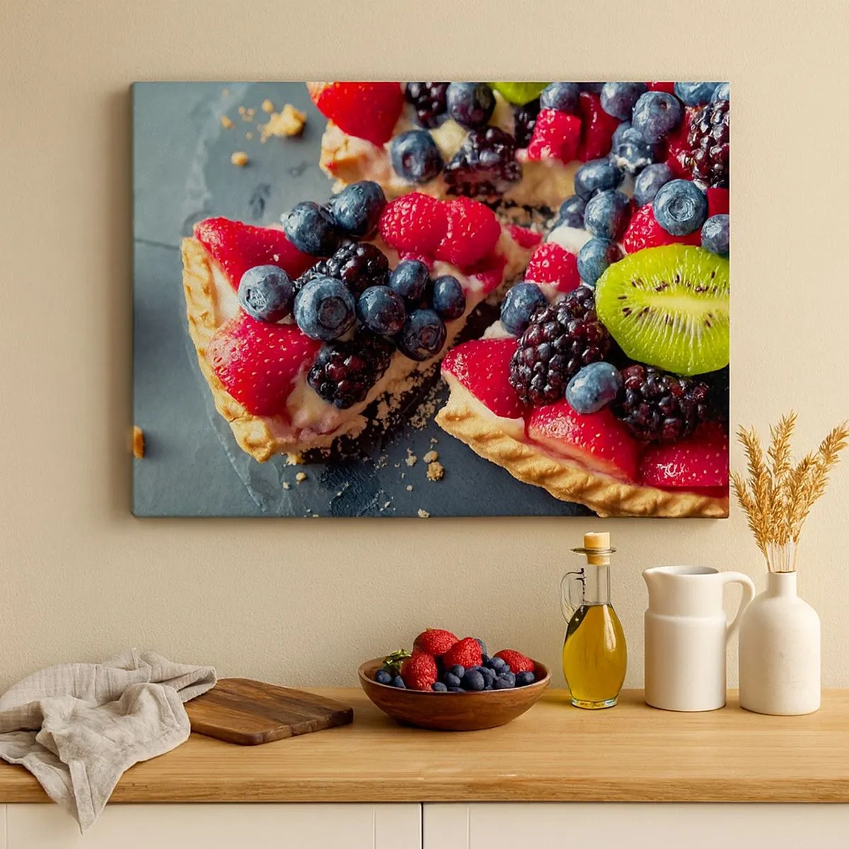 Impression sur toile - Image sur toile - Tarte colorée aux fruits et à la crème - 70x50cm - Dolce vita! - Décoration murale moderne pour le salon et la chambre ARTTOR
