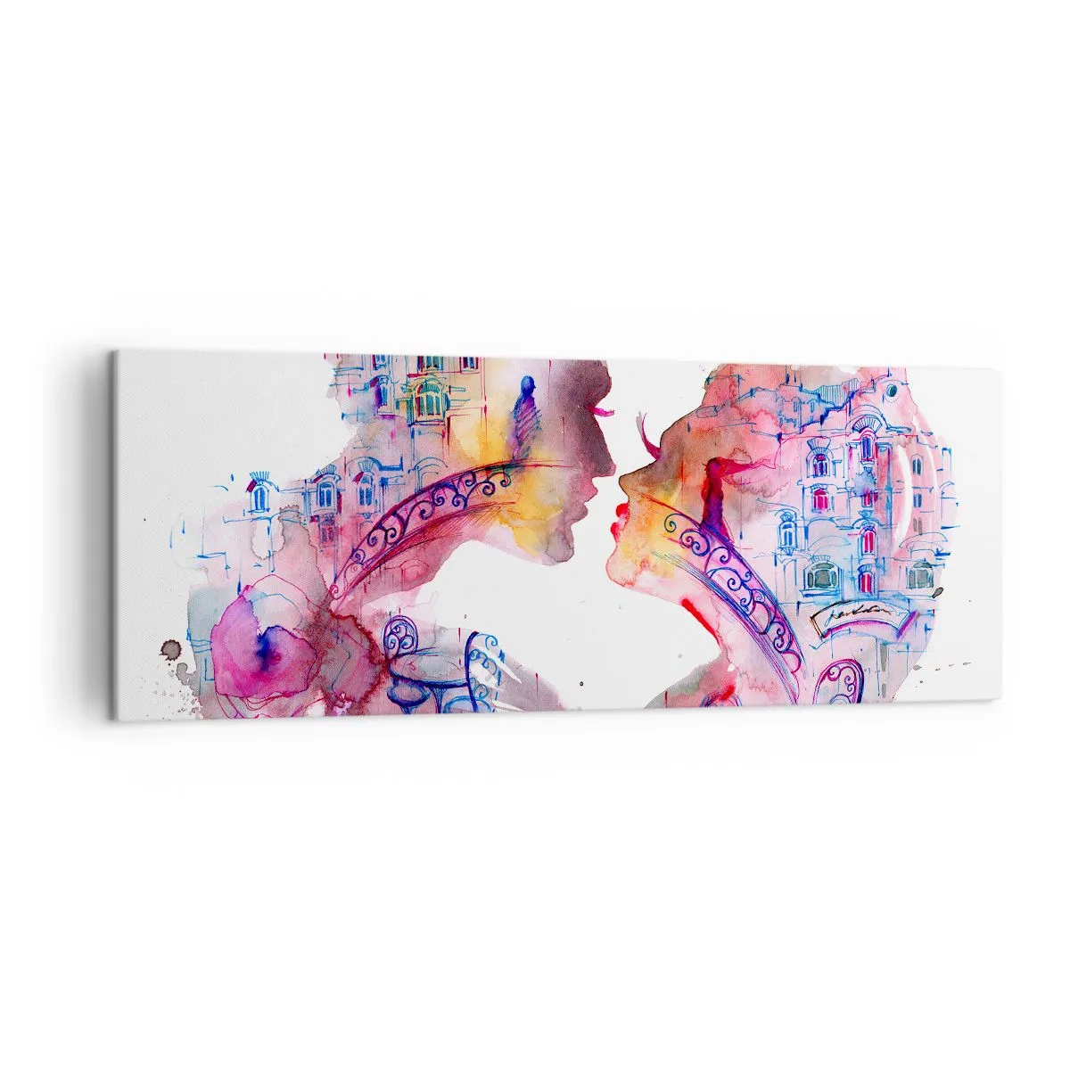 Impression sur toile - Image sur toile - Une aquarelle romantique représentant les silhouettes des amoureux - 140x50cm - Le pont secret des soupirs - Décoration murale moderne pour le salon et la chambre ARTTOR