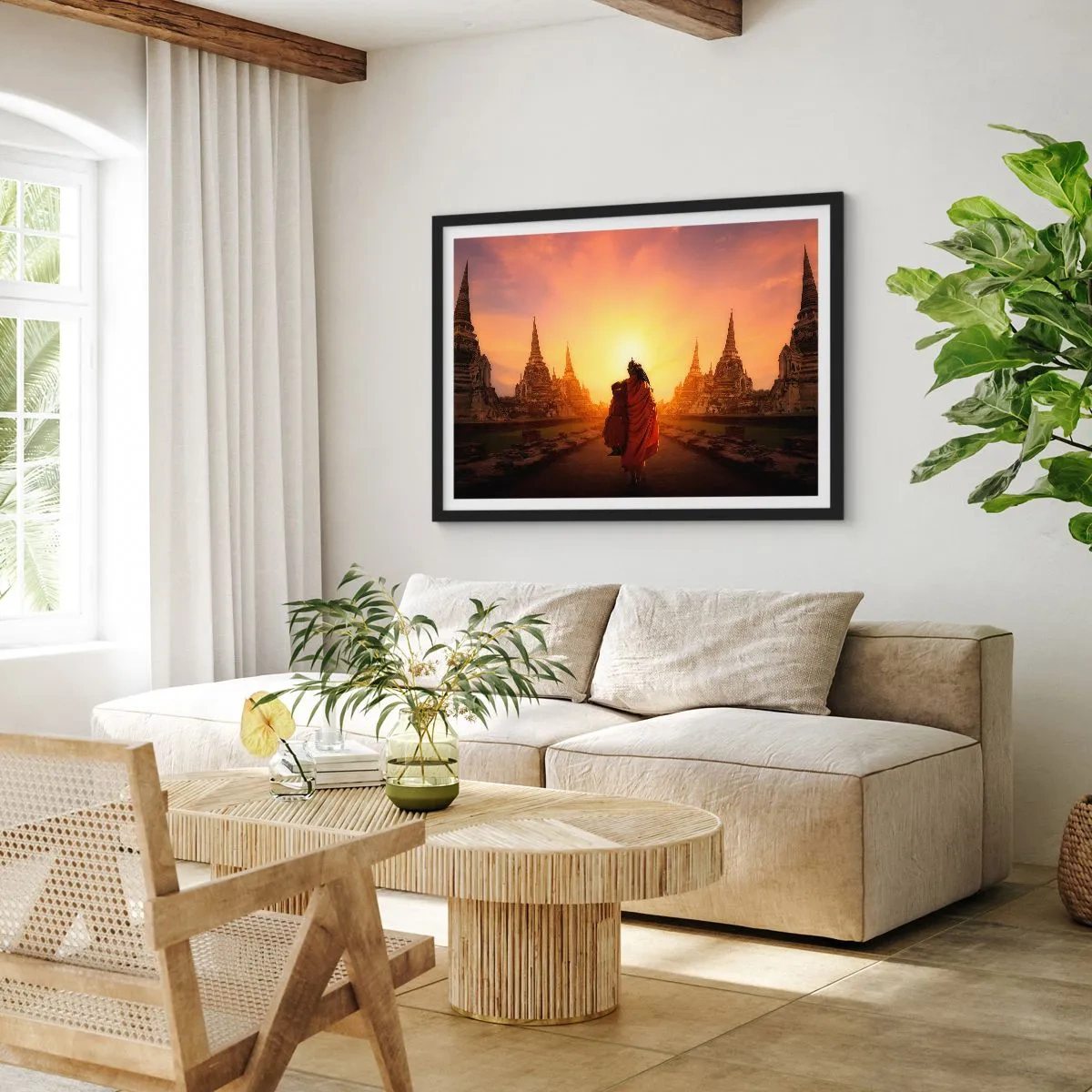 Affiche dans un cadre noir - Poster - Un moine parmi les temples au coucher du soleil - 100x70cm - En paix pour l'éternité - Décoration murale moderne pour le salon et la chambre ARTTOR