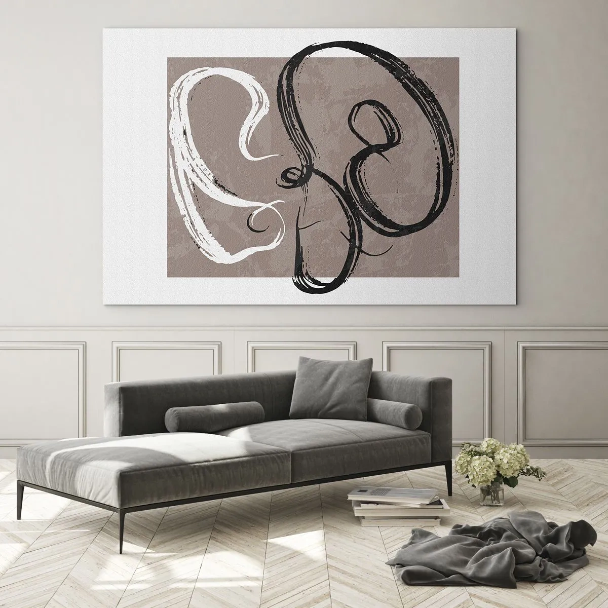Impression sur verre - Image sur verre - Coups de pinceau dynamiques en noir et blanc sur fond beige. - 70x50cm - Composition – la recherche de la plénitude - Décoration murale moderne pour le salon et la chambre ARTTOR
