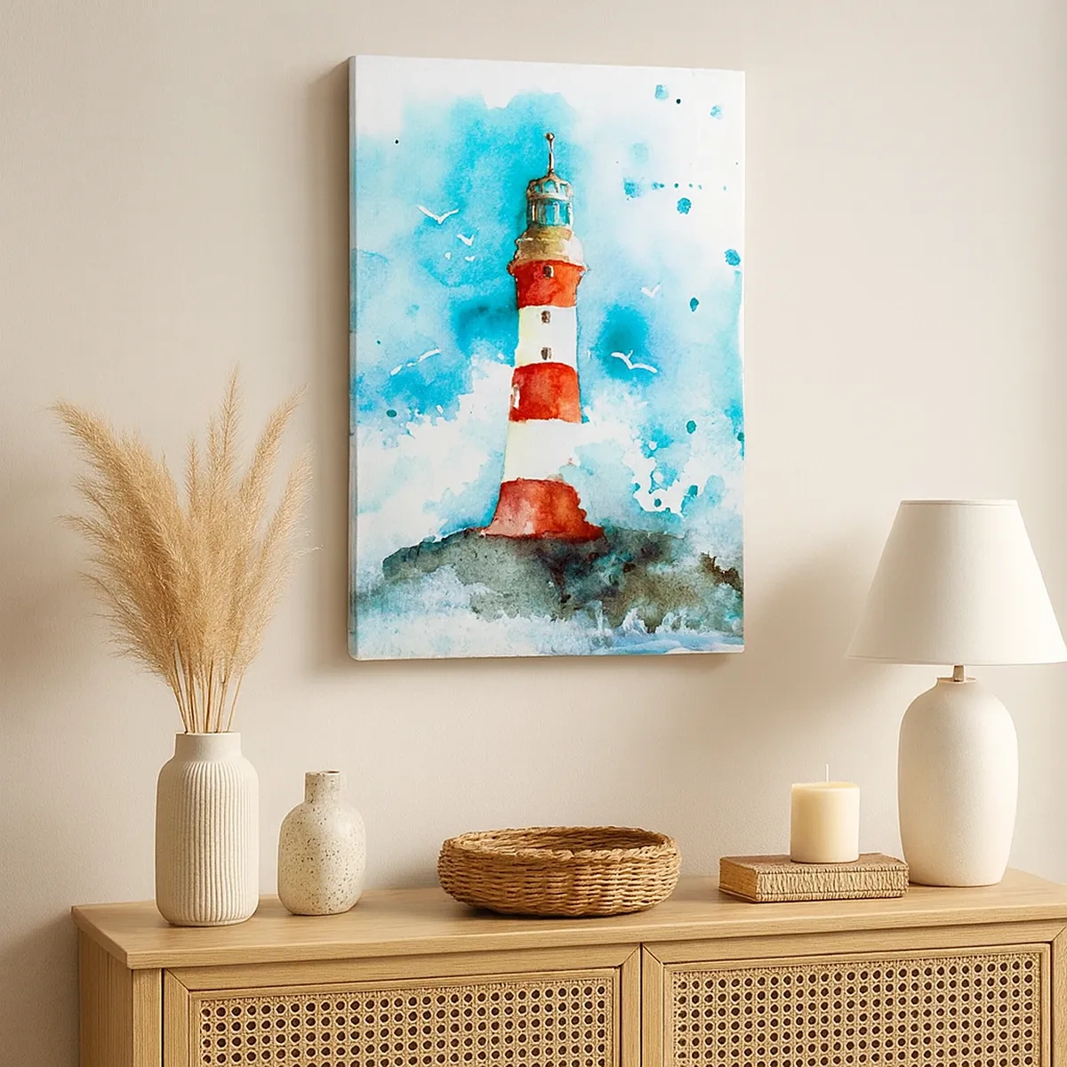 Impression sur toile - Image sur toile - Un phare dans un décor aquarelle sur fond bleu - 50x70cm - Unité des éléments - Décoration murale moderne pour le salon et la chambre ARTTOR