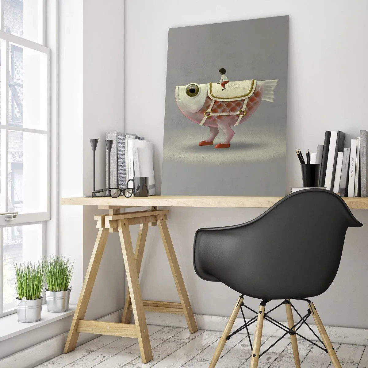 Impression sur verre - Image sur verre - Un cavalier de poisson fantaisie avec des jambes et une selle - 70x100cm - Le cavalier poisson - Décoration murale moderne pour le salon et la chambre ARTTOR