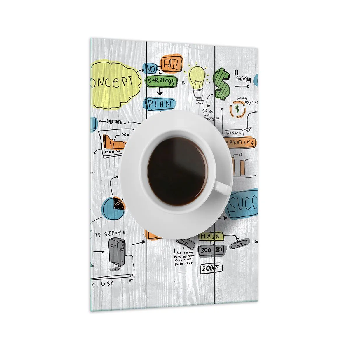 Impression sur verre - Image sur verre - Une tasse de café sur fond de dessin conceptuel - 70x100cm - Il est temps de faire une pause - Décoration murale moderne pour le salon et la chambre ARTTOR