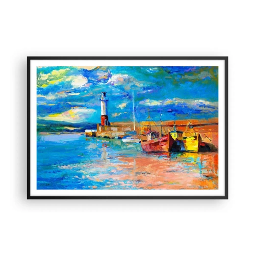 Affiche dans un cadre noir - Poster - Port de pêche avec bateaux et phare aux couleurs vives - 100x70cm - Un après-midi dans la baie arc-en-ciel - Décoration murale moderne pour le salon et la chambre ARTTOR