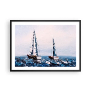 Affiche dans un cadre noir - Poster - Voiliers sur une mer agitée dans une composition picturale - 70x50cm - Confrérie du vent - Décoration murale moderne pour le salon et la chambre ARTTOR