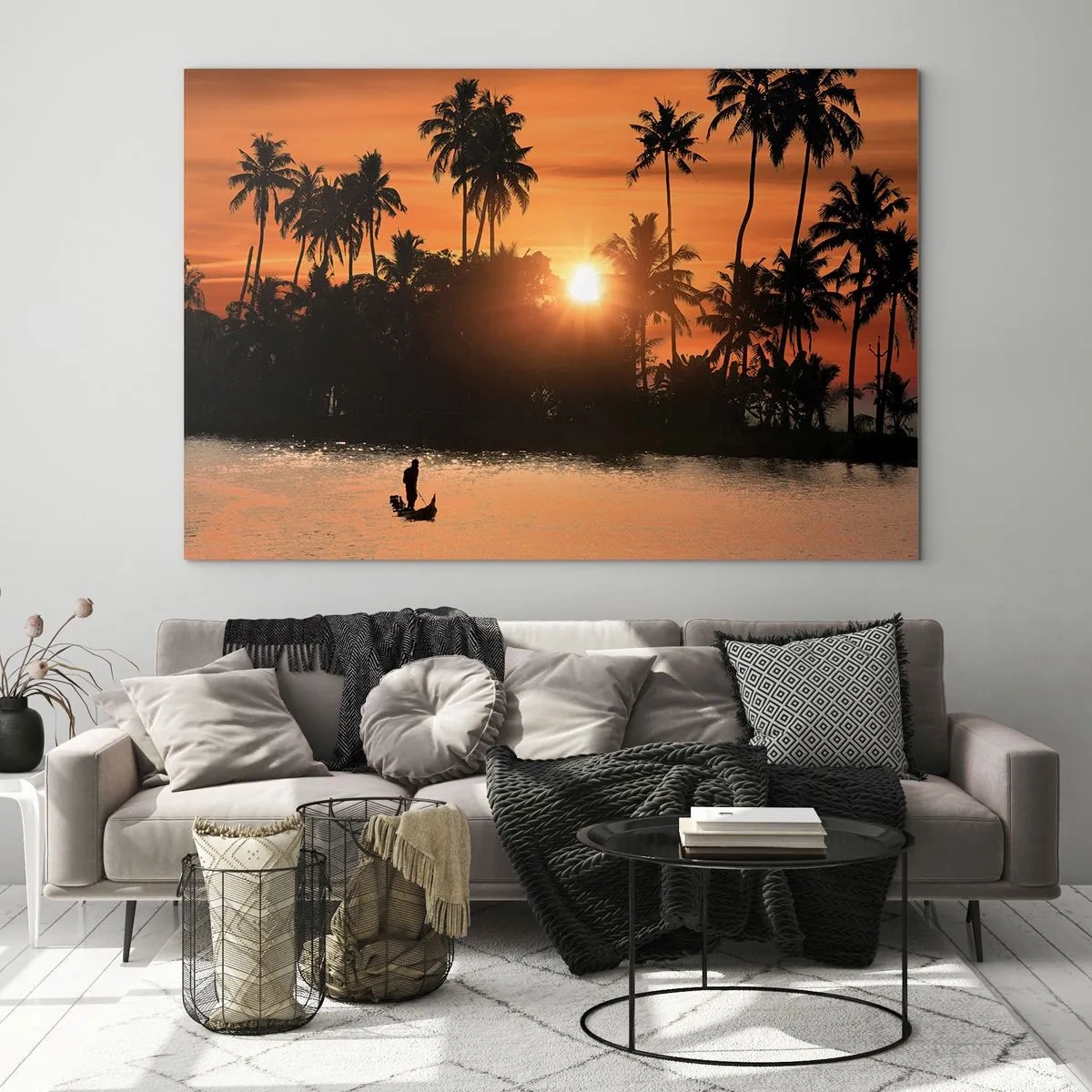 Impression sur verre - Image sur verre - Paysage tropical avec palmiers et coucher de soleil sur la rivière - 120x80cm - Il est temps de se détendre - Décoration murale moderne pour le salon et la chambre ARTTOR