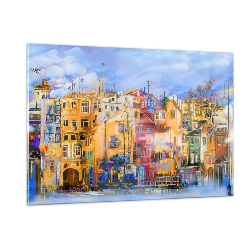 Impression sur verre - Image sur verre - Des immeubles colorés dans un cadre urbain artistique - 120x80cm - Nous sommes ensemble - Décoration murale moderne pour le salon et la chambre ARTTOR