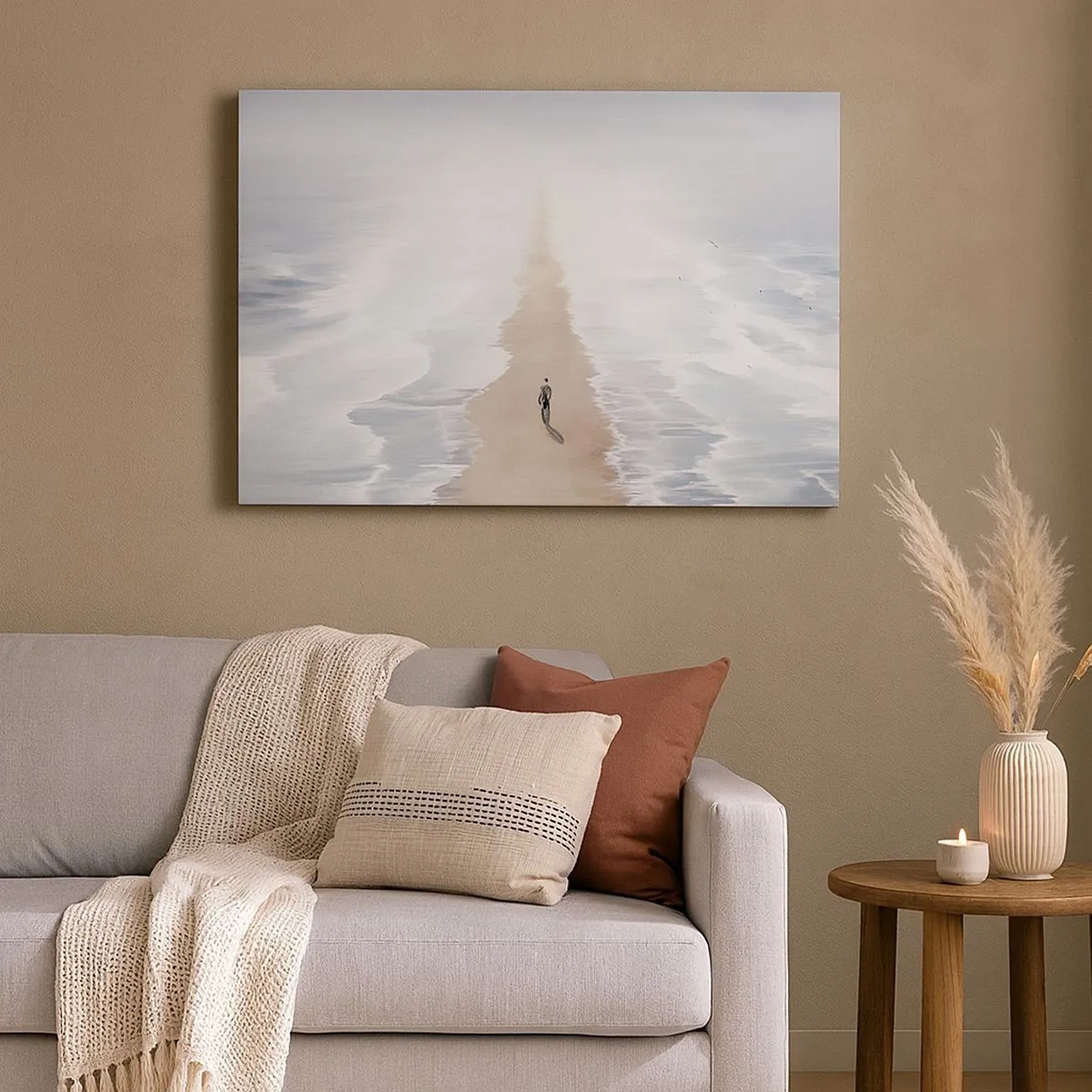 Impression sur toile - Image sur toile - Une silhouette sur une route solitaire au milieu d'un vaste paysage aquatique - 70x50cm - Un brillant avenir - Décoration murale moderne pour le salon et la chambre ARTTOR